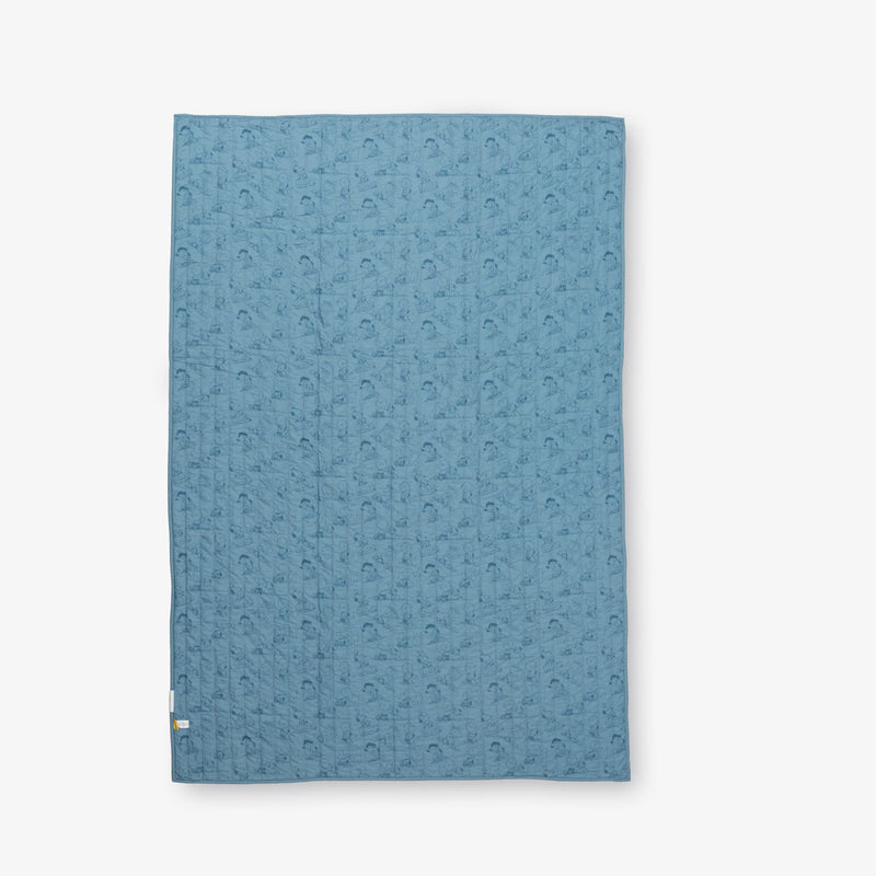 Reverse side of a blue peanuts patchwork quilt set laid flat on a white surface.