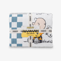 Peanuts patchwork quilt set package up laid flat on a white surface.