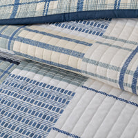Close-up of a quilt with blue and white patterns