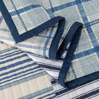 Close-up of a quilt with blue and white geometric patterns
