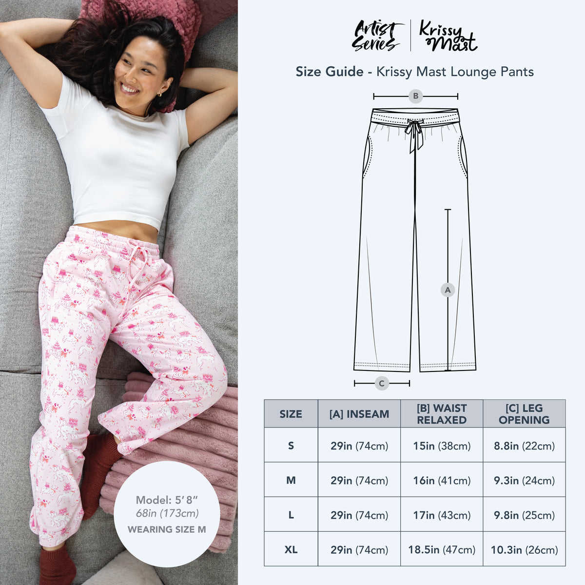 Krissy Mast printed lounge pants size guide.