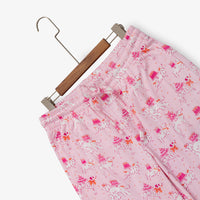 Krissy Mast printed lounge pants laid flat with a hanger on a white surface.