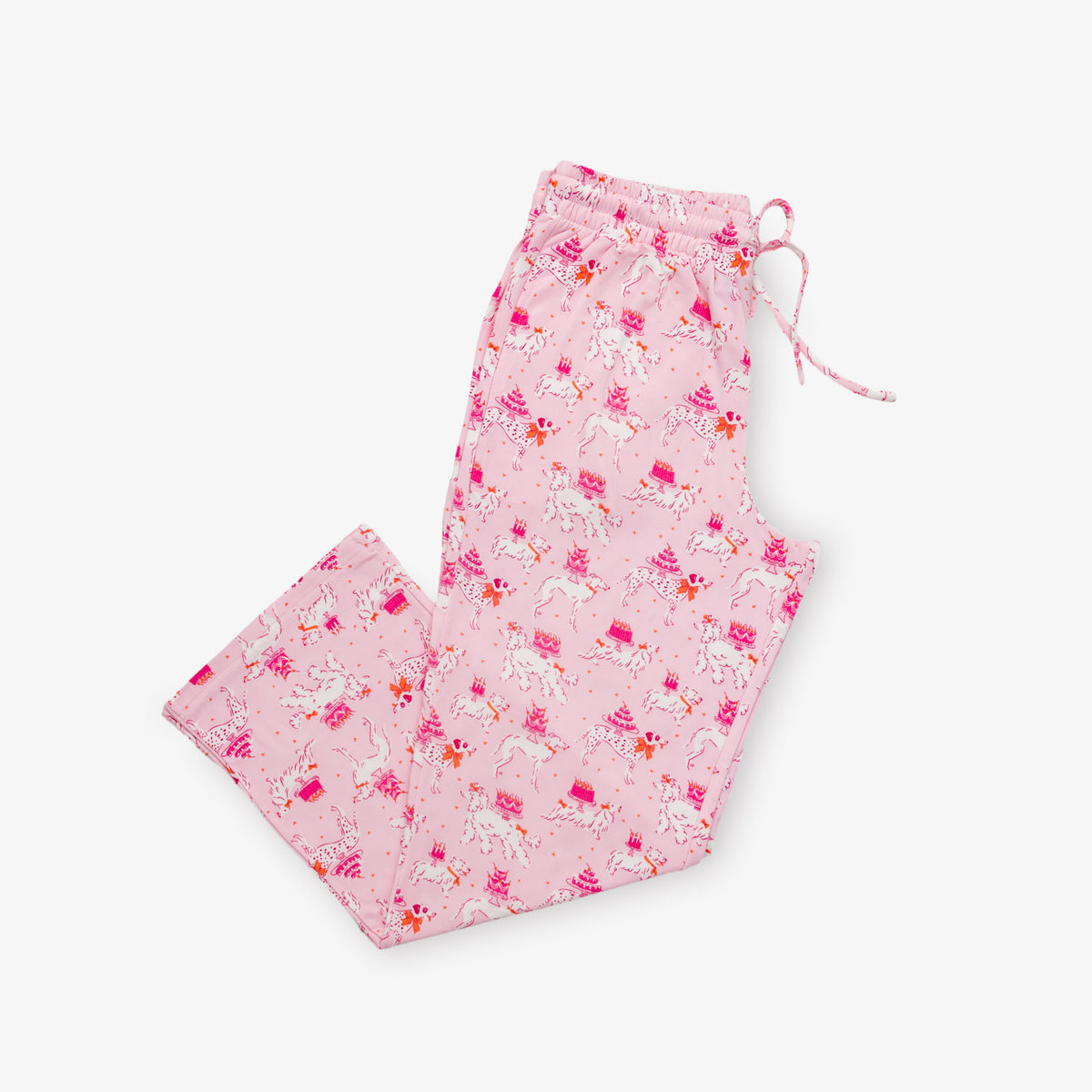 Krissy Mast printed lounge pants laid on a white surface.