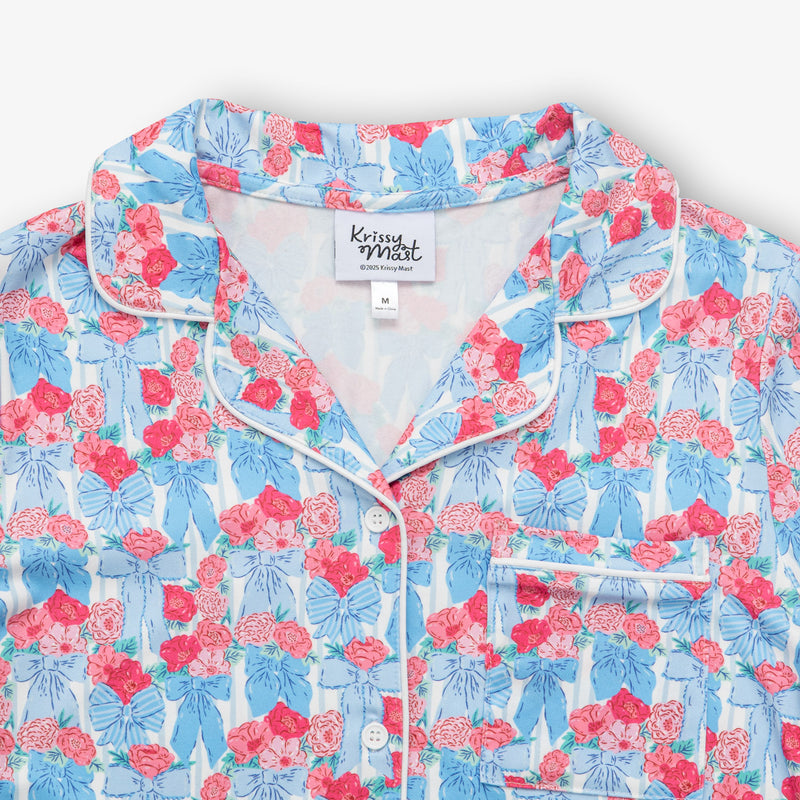 Krissy Mast floral printed lounge set laid flat on a white surface.