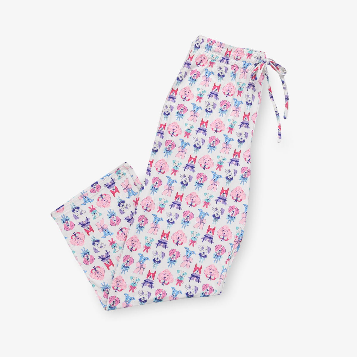 Krissy Mast printed lounge pants laid on a white surface.