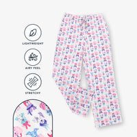 Krisys Mast Lounge Pants info graphic indicating lightweight, airy feel, and stretchy.