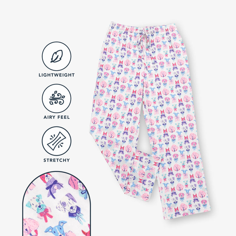 Krisys Mast Lounge Pants info graphic indicating lightweight, airy feel, and stretchy.