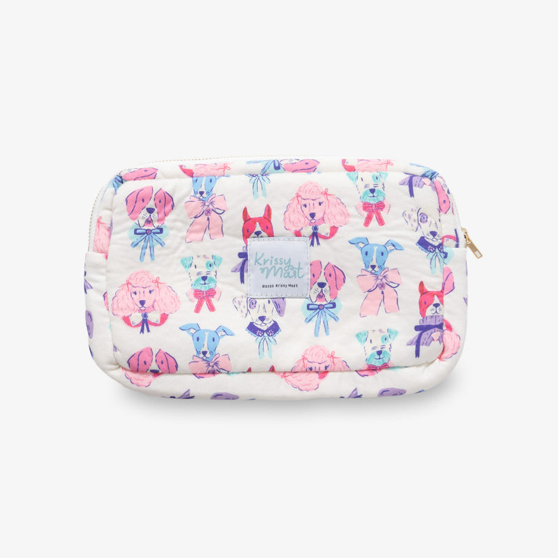 Quilted pouch with pink poodle and bow pattern on a white background