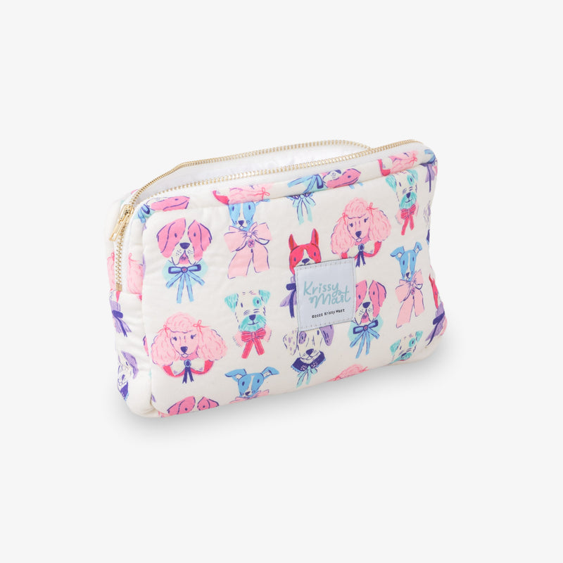 Cosmetic bag with pink poodle pattern on a white background