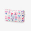 Pouch with dog pattern and brand label on a white background