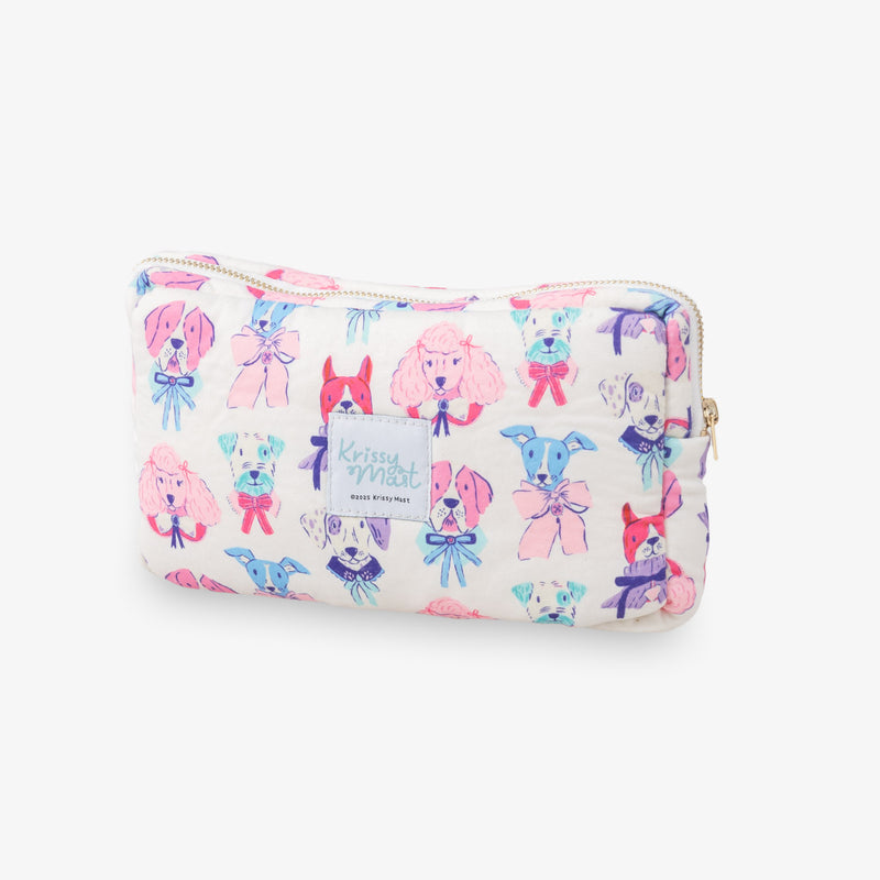 Pouch with dog pattern and brand label on a white background