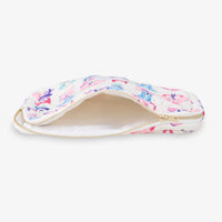 Dog-patterned pouch with a gold zipper on a white background