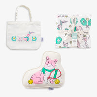 Set of products including a tote bag, pillow, and blankets with cartoon designs on a white background.