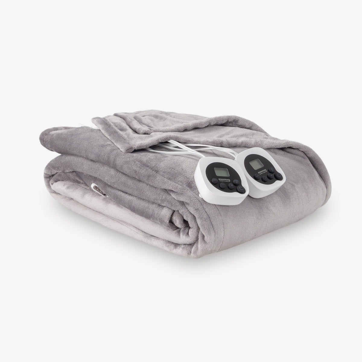 Gray electric blanket with two controllers on a white background