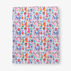 Patterned fabric with colorful designs on a white background