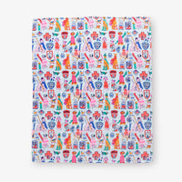 Patterned fabric with colorful designs on a white background