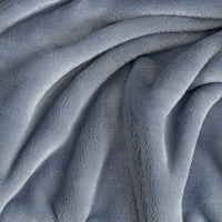 Close up of a baby blue velvety plush throw displaying its plush texture.