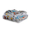 Grey peanuts art class throw folded neatly on a white surface.