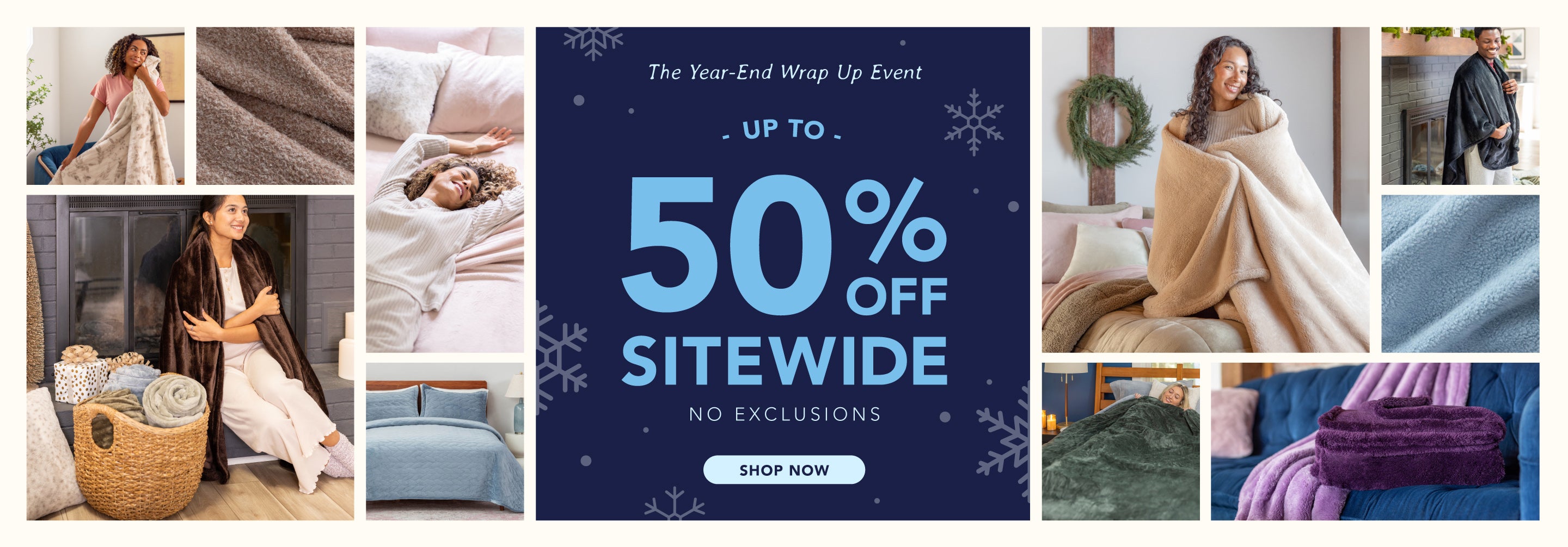 Promotional banner for 'The Year-End Wrap Up Event' with up to 50% off sitewide. Features cozy lifestyle images of people wrapped in soft blankets, folded plush throws in various colors, close-ups of blanket textures, and a serene bedroom scene, highlighting warmth and comfort.