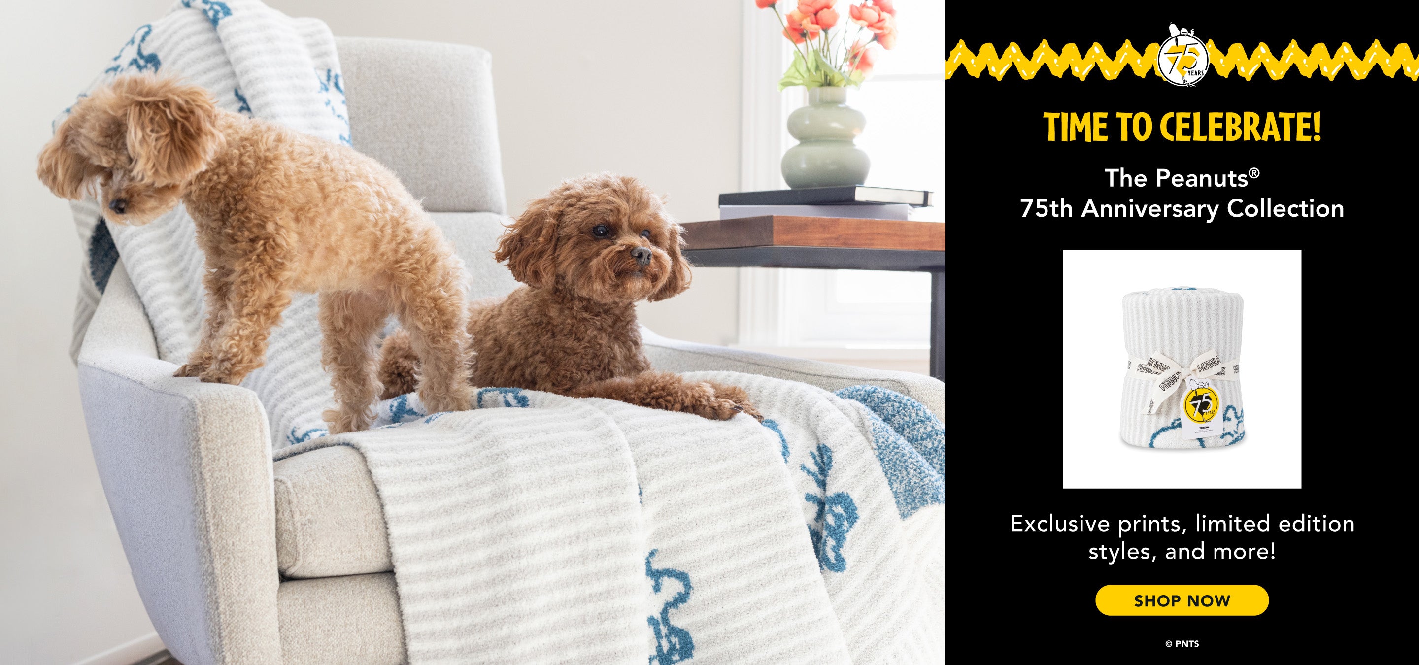Time to Celebrate! The Peanuts® 75th Anniversary. Exclusive prints, limited edition styles, and more! Shop now. Image of 2 dogs on a grey plush throw.