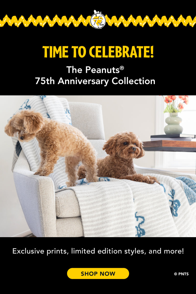 Time to Celebrate! The Peanuts® 75th Anniversary. Exclusive prints, limited edition styles, and more! Shop now. Image of 2 dogs on a grey plush throw.