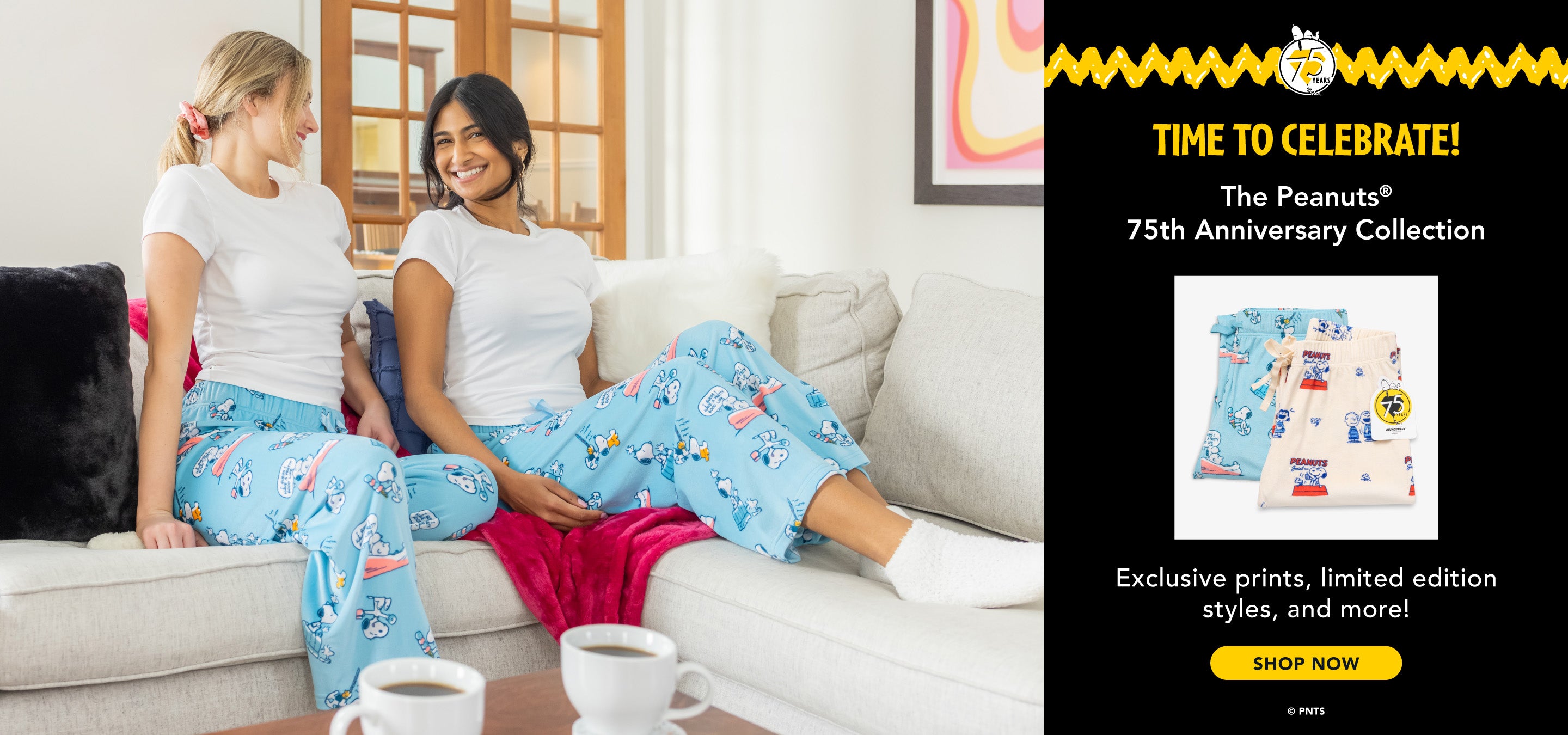 Time to Celebrate! The Peanuts® 75th Anniversary. Exclusive prints, limited edition styles, and more! Shop now. Image of 2 girls on a couch wearing blue Snoopy print pajama pants.