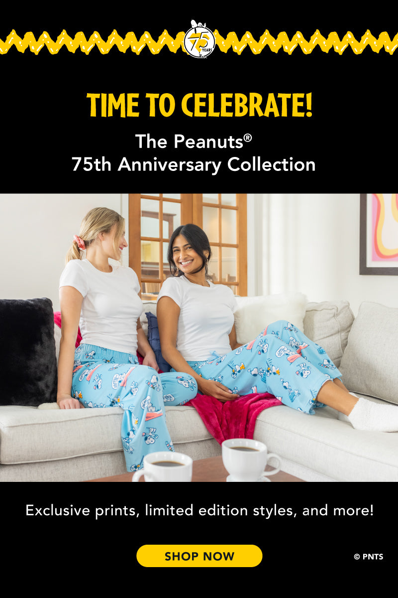 Time to Celebrate! The Peanuts® 75th Anniversary. Exclusive prints, limited edition styles, and more! Shop now. Image of 2 girls on a couch wearing blue Snoopy print pajama pants.
