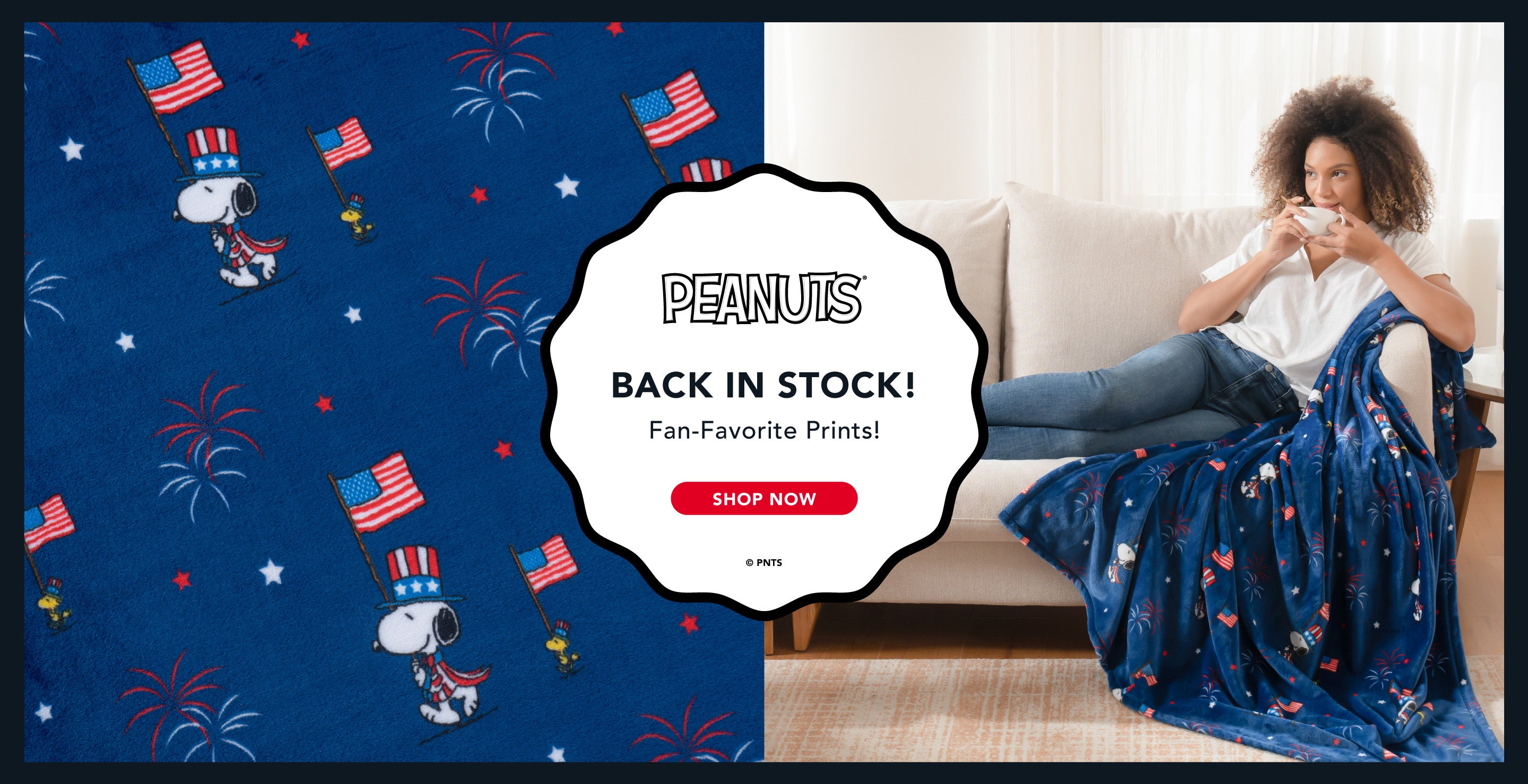 Peanuts® - BACK INS TOCK! Fan-Favorite Prints! Shop Now. Image of a woman enjoying a cup of tea while using her Snoopy and Woodstock Americana print throw.