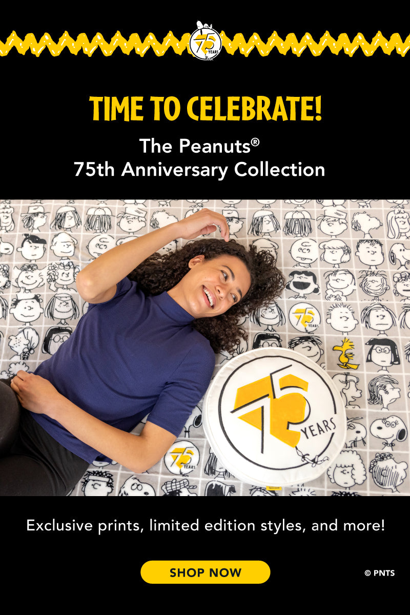 Time to celebrate! The Peanuts® 75th anniversary collection. Exclusive prints, limited edition styles, and more! Shop now. Image collage of two models enjoying their new Peanuts throws