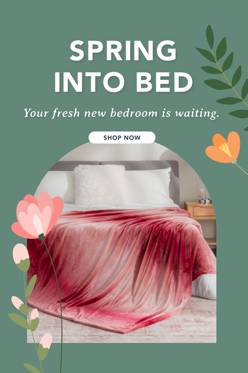 Spring into bed, your fresh new bedroom is waiting! Theme banner features our Printed VelvetLoft Blanket draped over a white bed with flower clip art around it.