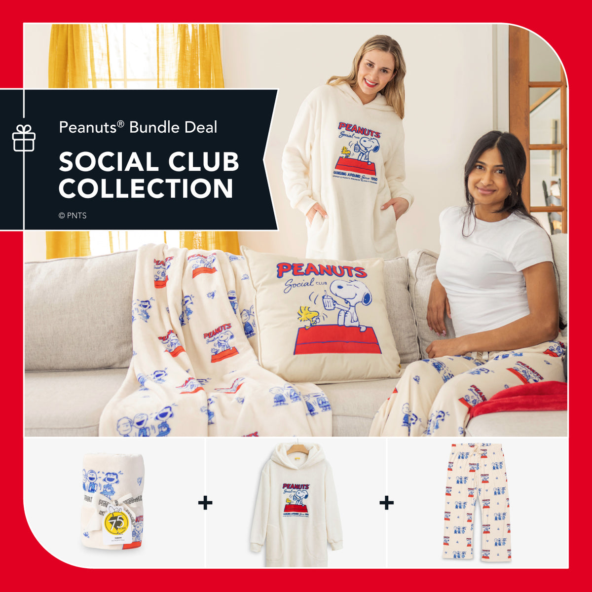 Peanuts Bundle Deal Social Club Collection with two people sitting on a couch wearing Snoopy-themed clothing.
