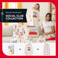 Peanuts Bundle Deal Social Club Collection with two people sitting on a couch wearing Snoopy-themed clothing.