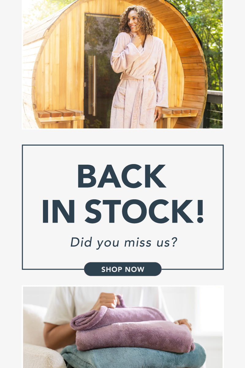 Back in stock! Did you miss us? Shop now. Images of PrimaLush and VelvetLoft throws, pillows, and robes back in stock.