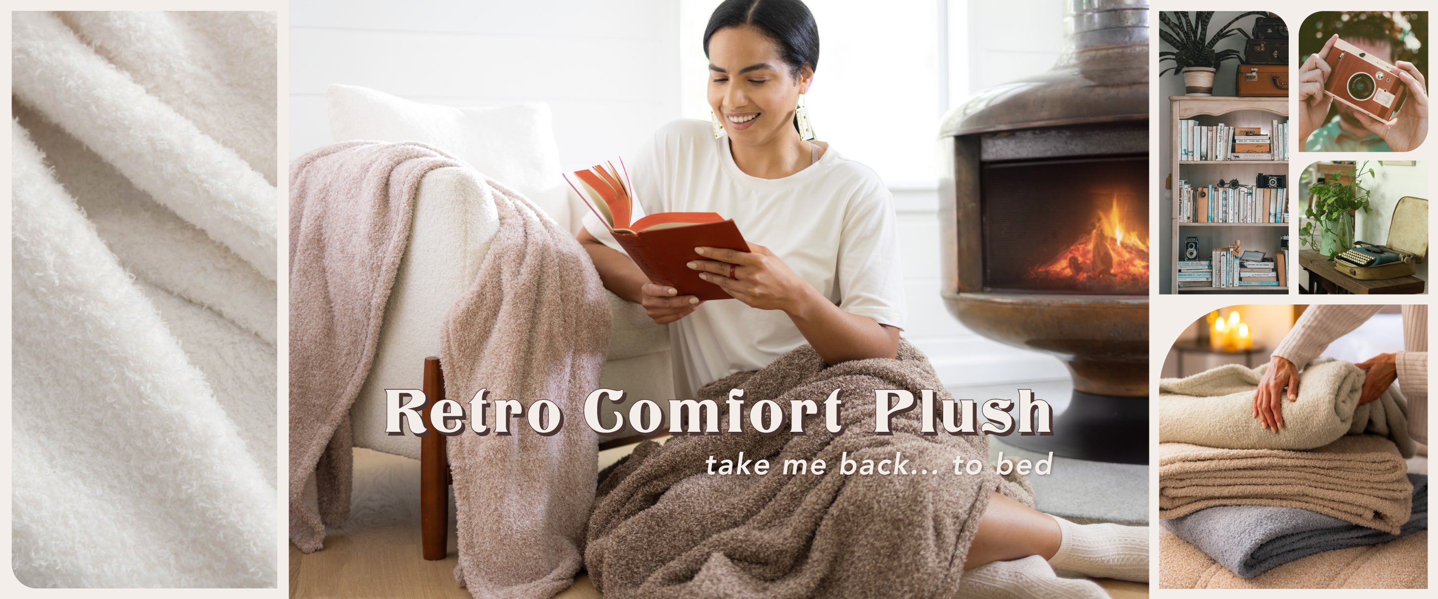 Retro Comfort Plush. Take me back... to bed. Image of a girl reading a book by the fireplace, overall retro 60's motif showing images of an old film camera, typewriter, and some books. 