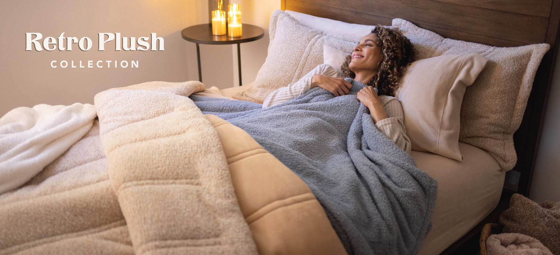 Woman laying in bed. Featuring Retro Plush Collection Blankets, Comforter Set and Throw