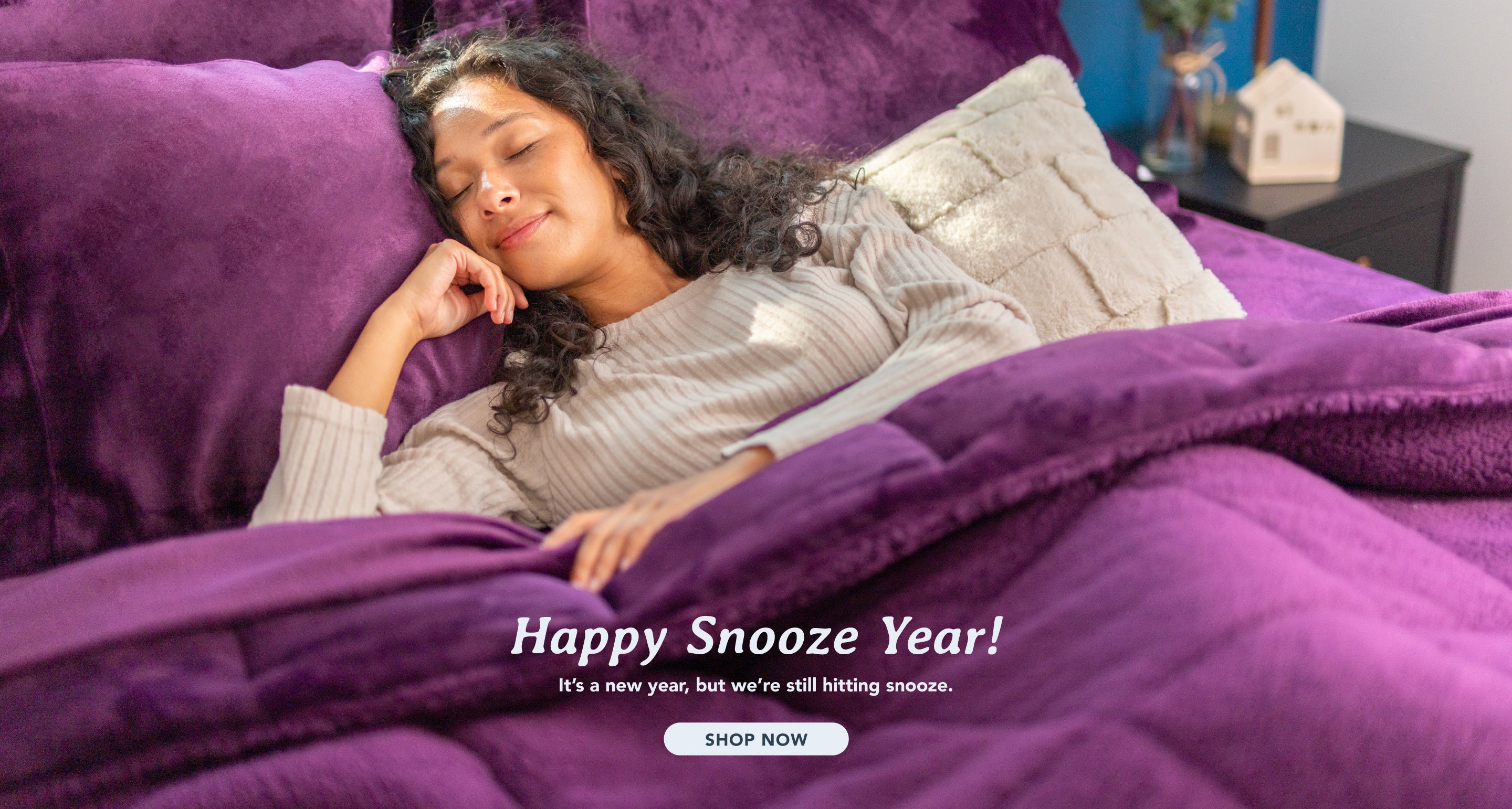 Relaxing bedroom scene with a woman peacefully sleeping under a luxurious deep purple blanket. The bedding setup features matching purple pillows and a plush cream accent pillow for added texture. The text reads, 'Happy Snooze Year! It’s a new year, but we’re still hitting snooze,' with a call-to-action button saying 'Shop Now,' inviting viewers to indulge in cozy comfort."