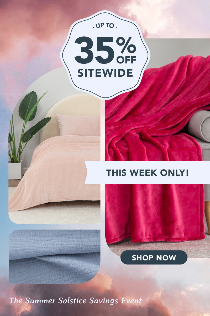UP TO 35% off sitewide. Shop Now. This week only! The summer solstice savings event. Images of pink and blue products overlaid on a sunset image.