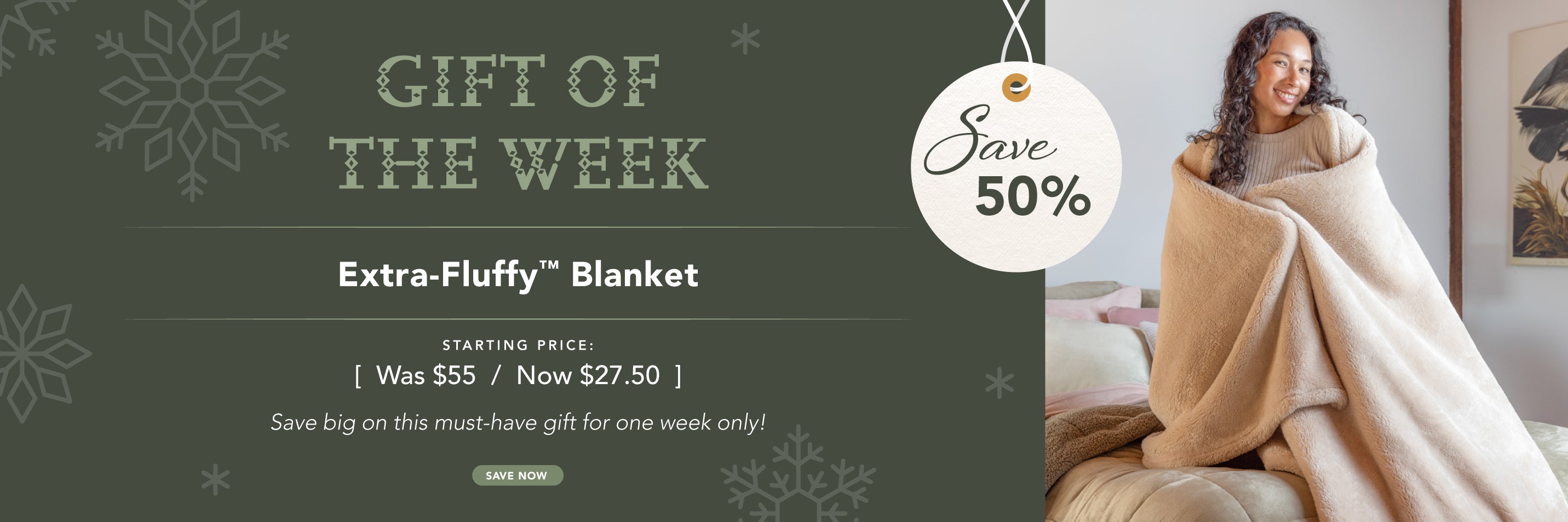 Promotional banner for an extra-fluffy blanket with a discount offer, featuring a woman wrapped in the blanket.